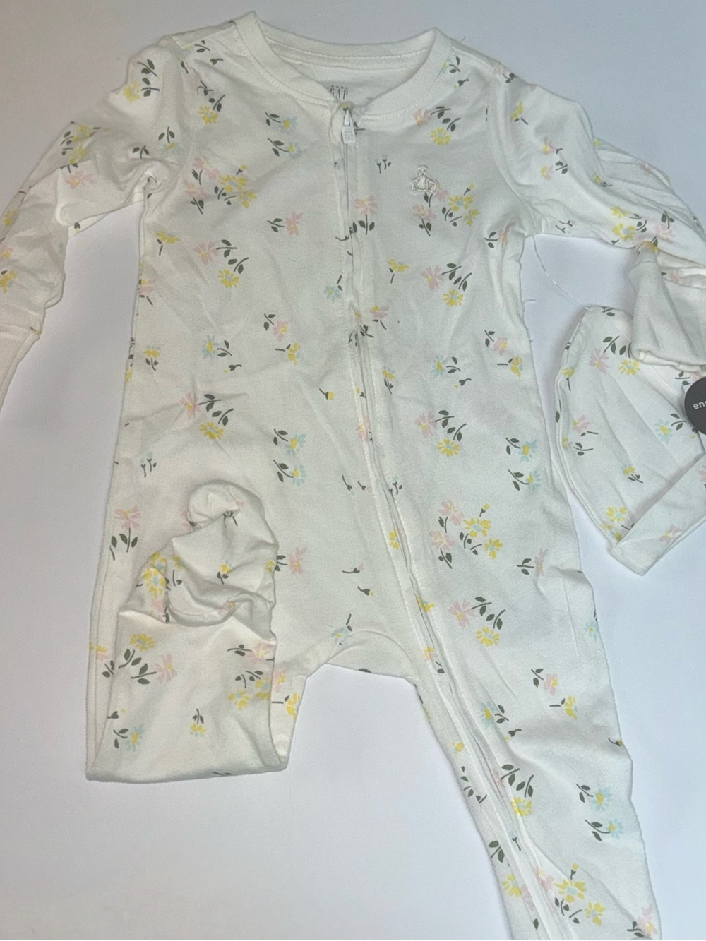 GAP White Floral Zip Footie with Yellow & Pink Prints
